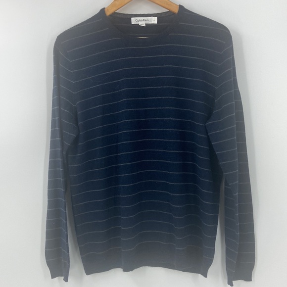 Calvin Klein Marino wool blend knit navy blue striped long sleeved sweater - Picture 4 of 15